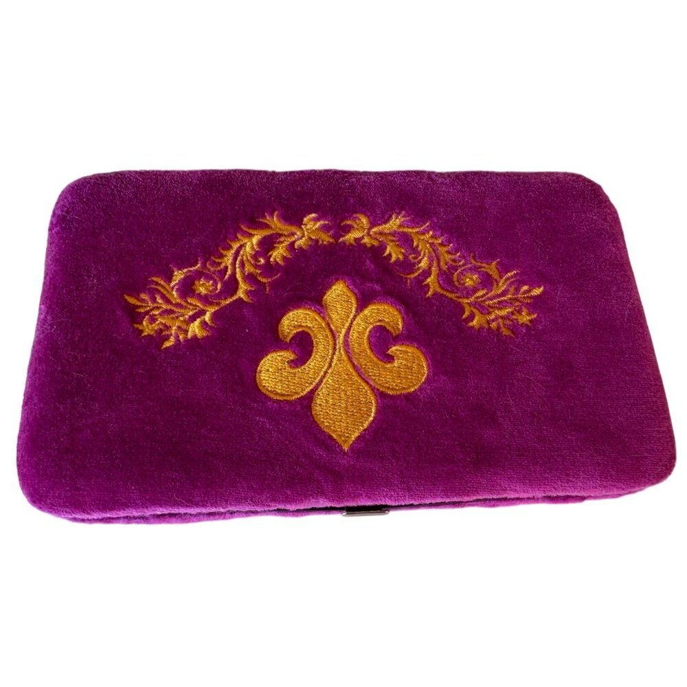 Unbranded Purple Velvet Bi-Fold Clutch Wallet w/Gold Demask Print & Snap Closure